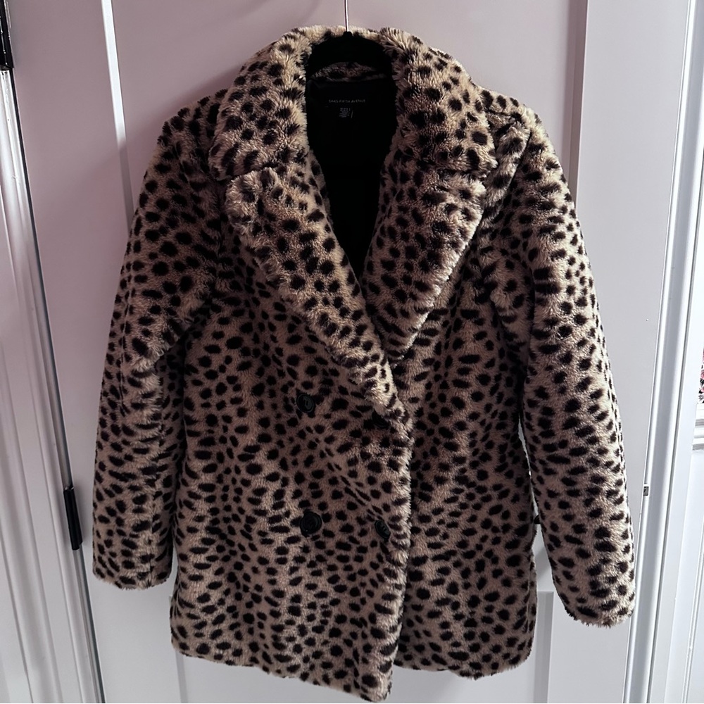 Saks Fifth Avenue Faux Fur Leopard Animal Print Teddy Jacket size XS